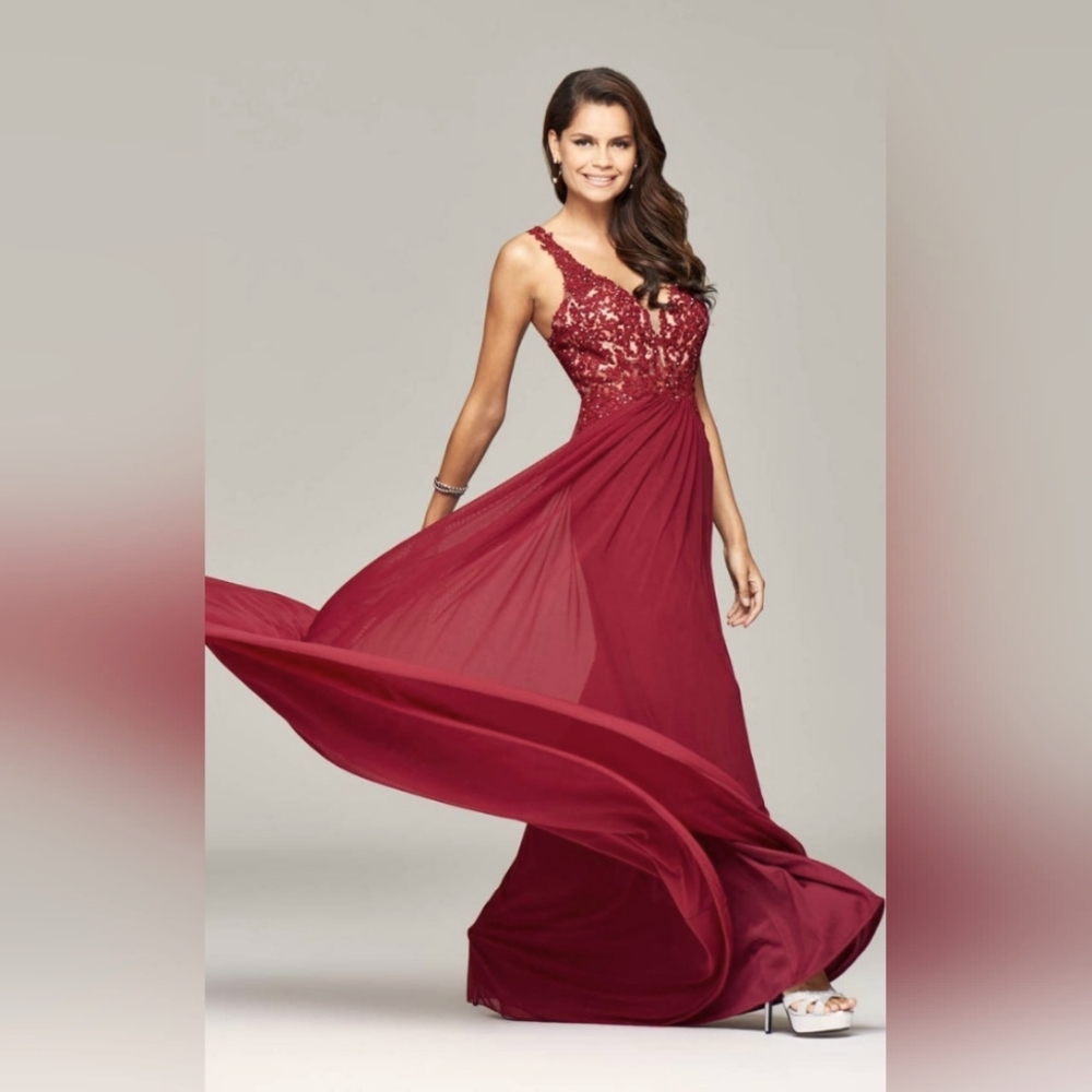 Faviana Lace Appliqued Long Mesh V-Neck Dress